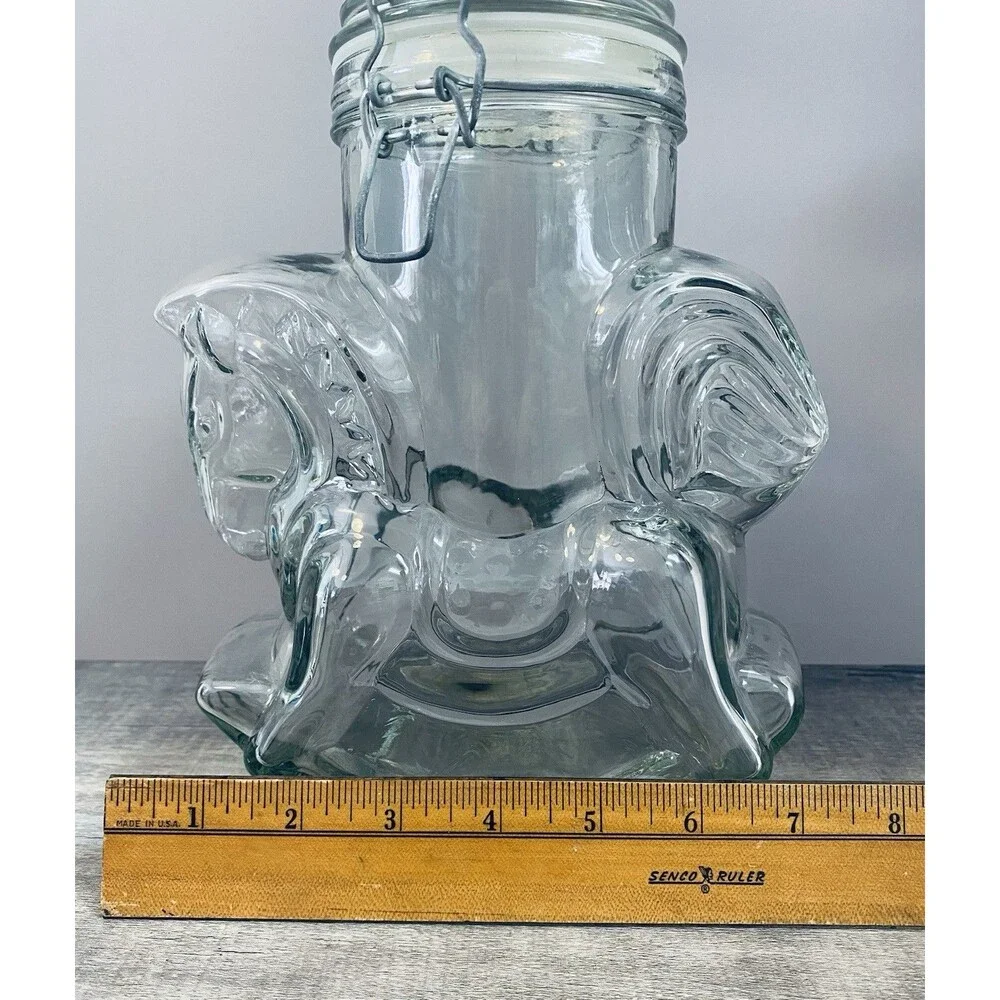 Vintage Large Carousel Rocking Horse Clear Thick Glass Canister Mason Jar Cookie